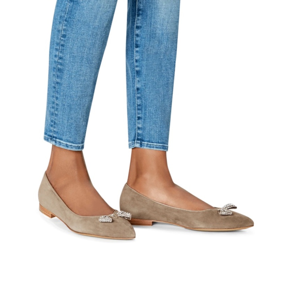 Sarah Flint Beige Suede Flats with Bow Accent